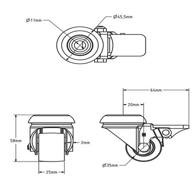 Mini Schwerlast Lenkrollen mit Bremse 35 mm - Kugellager - 100 kg