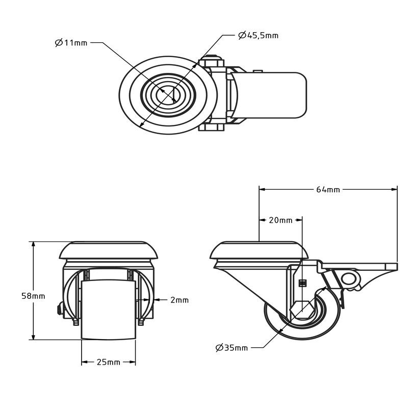 Schwerlast-Lenkrolle mit Bremse 35 mm - Kugellager - Rückenloch - 100 kg