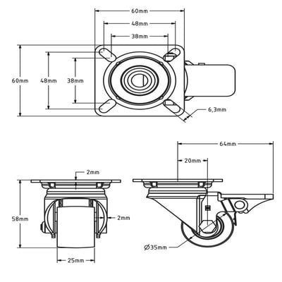 Schwerlast-Lenkrolle 35 mm mit Bremse - Kugellager - Platte - 100 kg