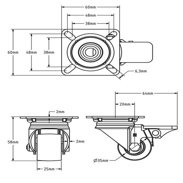 Schwerlast-Lenkrolle 35 mm mit Bremse - Kugellager - Platte - 100 kg