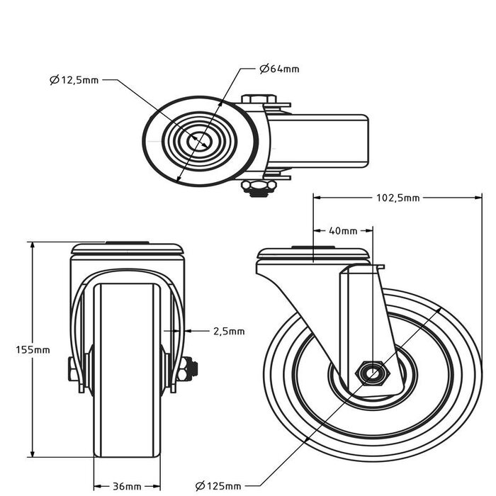 Polyurethan-Lenkrolle 125 mm - Kugellager - 200 kg