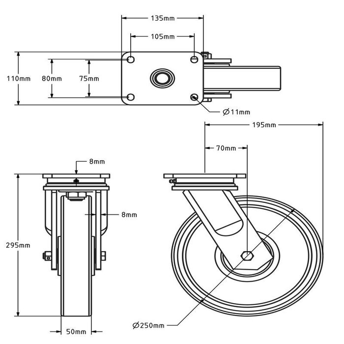 Polyurethan-Schwerlast-Lenkrolle 250 mm - Kugellager - 1200 kg