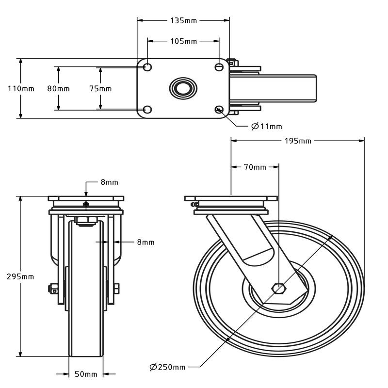 Polyurethan-Schwerlast-Lenkrolle 250 mm - Kugellager - 1200 kg