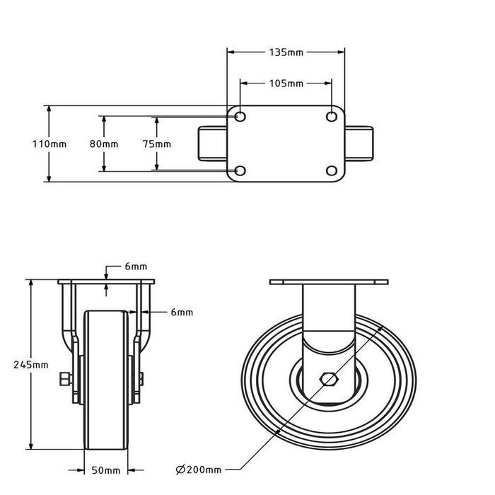 Polyurethan Schwerlast-Bockrolle 200 mm - Kugellager - 1000 kg