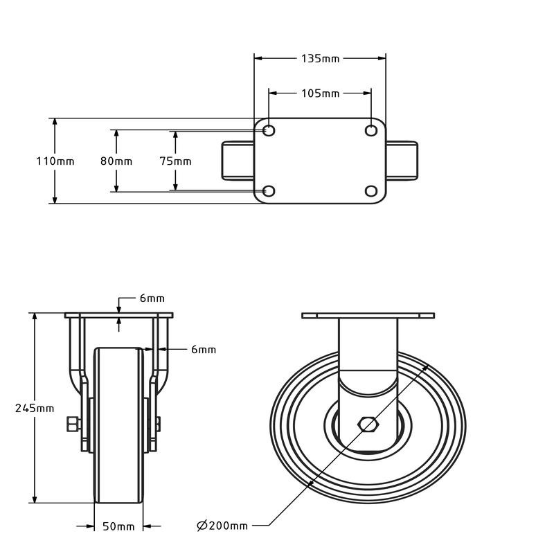 Polyurethan Schwerlast-Bockrolle 200 mm - Kugellager - 1000 kg
