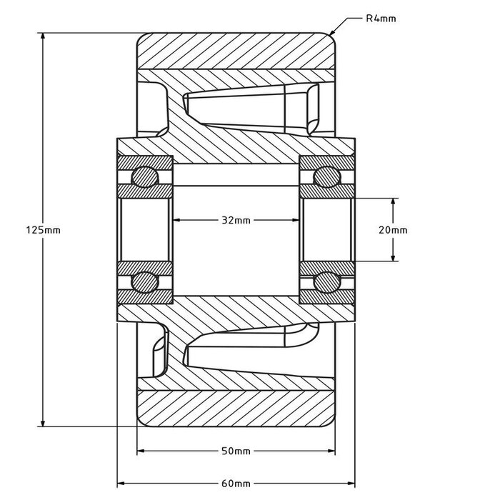 PU Rad 125 mm - Kugellagerbohrung 20 mm - 500 kg