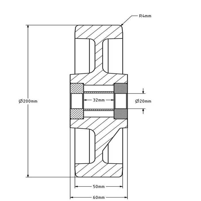 PU Rad 200 mm - Kugellagerbohrung 20 mm - 1000 kg