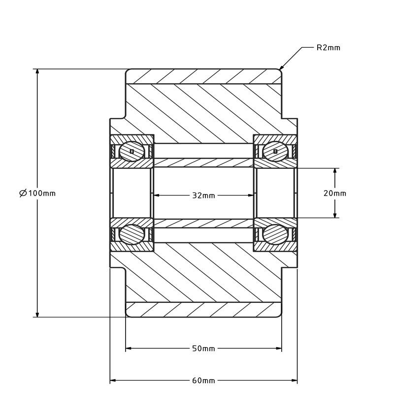 PU Rad 100 mm - Kugellagerbohrung 20 mm - 450 kg