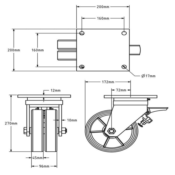 PU Doppellenkrollen mit Bremse 200 mm - kugelgelagert - 2200 kg