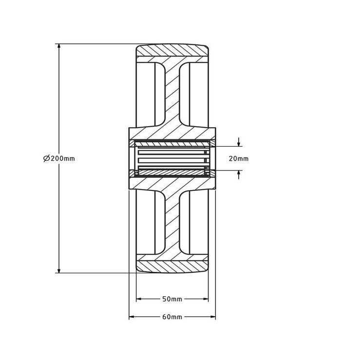 Schwarzes Polyurethanrad 200 mm - Rollenlager 20 mm - 400 kg