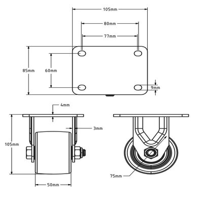 Schwerlast Bockrolle aus Nylon 75 mm - 600 kg