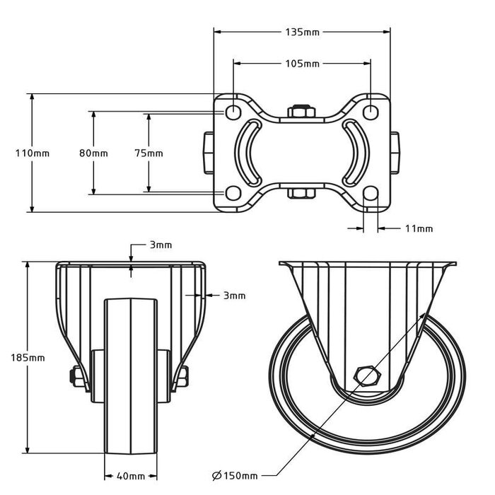 Bockrolle aus Nylon 150 mm - Rollenlager - 300 kg