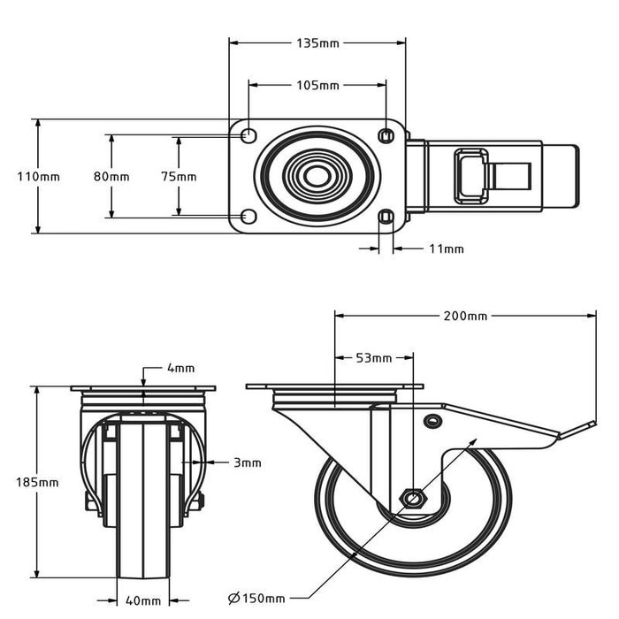 Nylon Lenkrollen mit Bremse 150 mm - Rollenlager - 300 kg