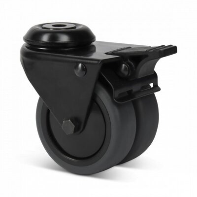 Doppelte schwarze Lenkrollen mit Bremse 75 mm - Bolzenloch - 100 kg