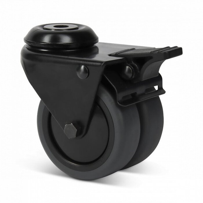 Doppelte schwarze Lenkrollen mit Bremse 75 mm - Bolzenloch - 100 kg