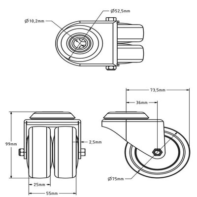 Doppelte schwarze Lenkrolle 75 mm - Bolzenloch - 100 kg