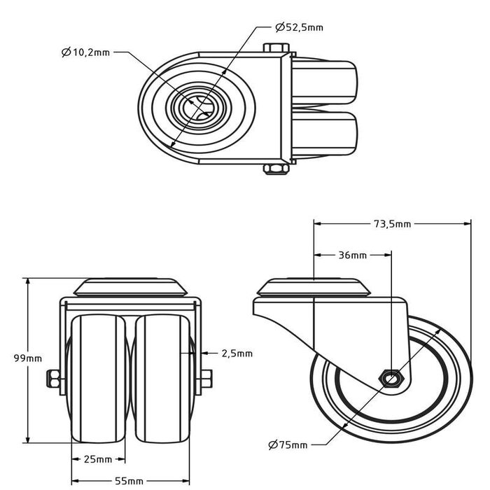 Doppelte schwarze Lenkrolle 75 mm - Bolzenloch - 100 kg