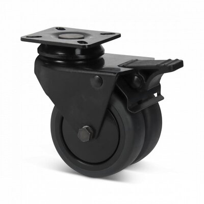 Schwarze Doppelrolle mit Bremse 75 mm - Platte - 120 kg