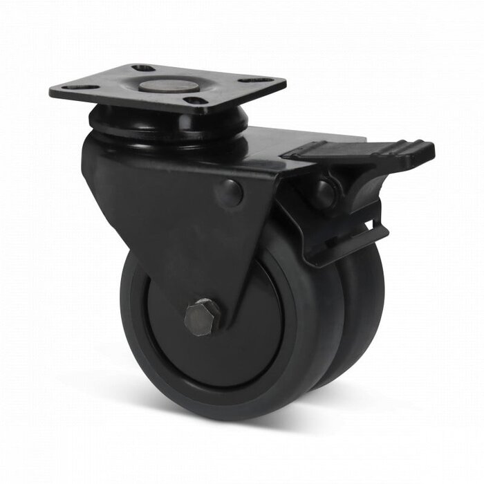 Schwarze Doppelrolle mit Bremse 75 mm - Platte - 120 kg