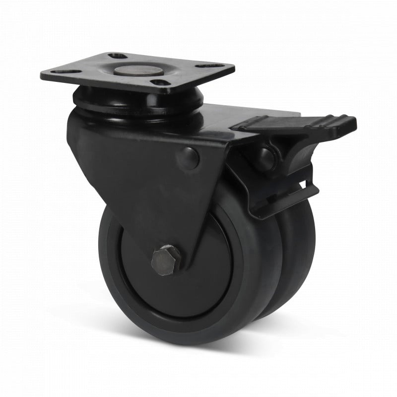 Schwarze Doppelrolle mit Bremse 75 mm - Platte - 120 kg