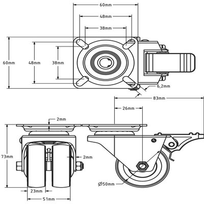 Doppelte schwarze Lenkrollen mit Bremse 50 mm - Platte - 80 kg