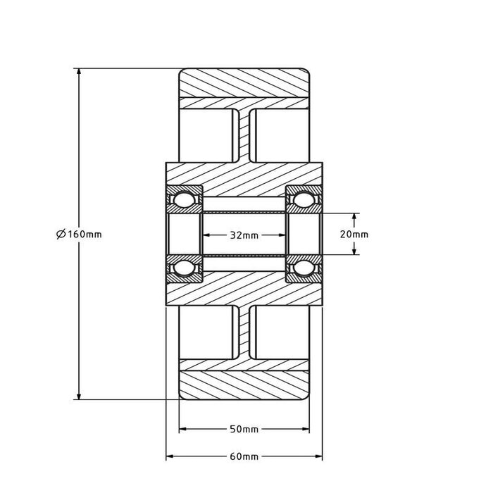 PU Rad 160 mm - Kugellagerbohrung 20 mm - 800 kg