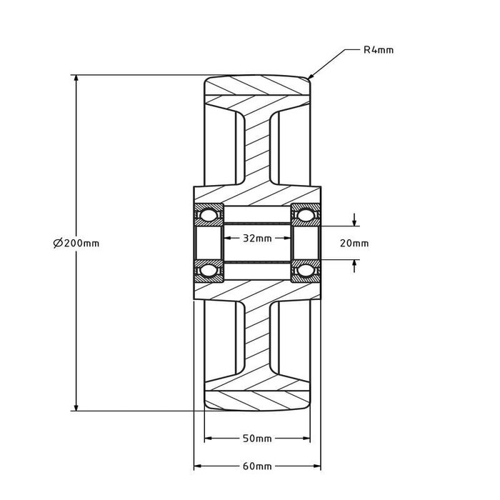 PU Rad 200 mm - Kugellagerbohrung 20 mm - 600 kg