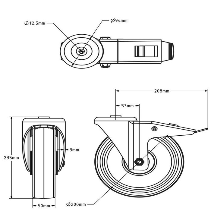 PU Lenkrolle mit Bremse 200 mm - Kugellager - 400 kg