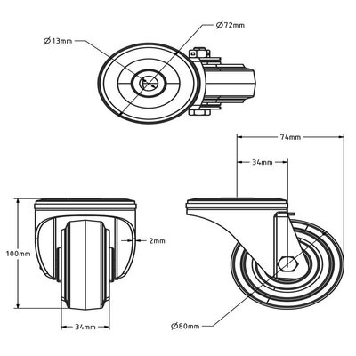 Schwarze Lenkrolle 80 mm - Rollenlager - 100 kg