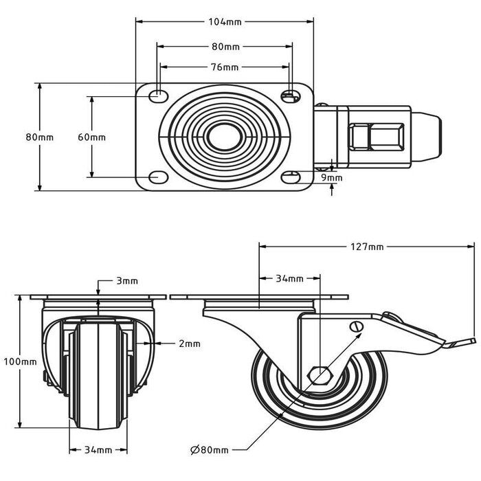 Schwarze Lenkrolle mit Bremse 80 mm - Rollenlager - 100 kg