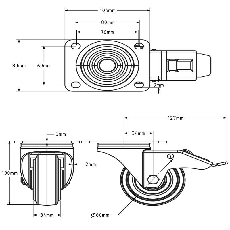 Schwarze Lenkrolle mit Bremse 80 mm - Rollenlager - 100 kg