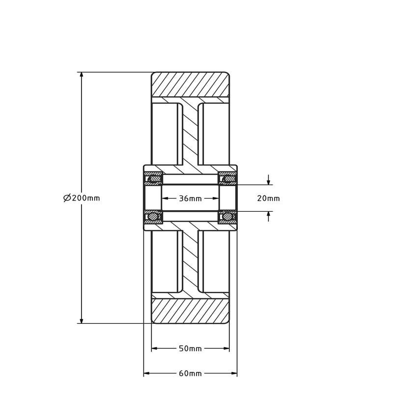 Gummirad 200 mm - Kugellagerbohrung 20 mm - 400 kg