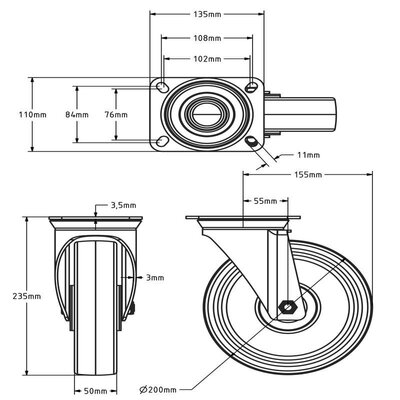 PU-Lenkrolle 200 mm - kugelgelagert - 400 kg