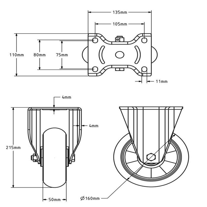 Ballige Polyurethan-Bockrolle 160 mm - 510 kg