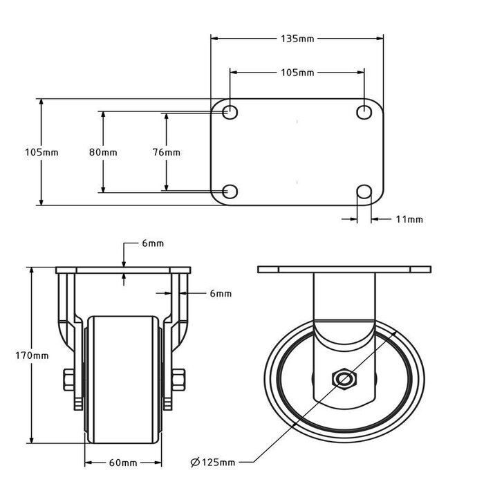 Gusspolyamid Schwerlast-Bockrolle 125 mm - 2000 kg