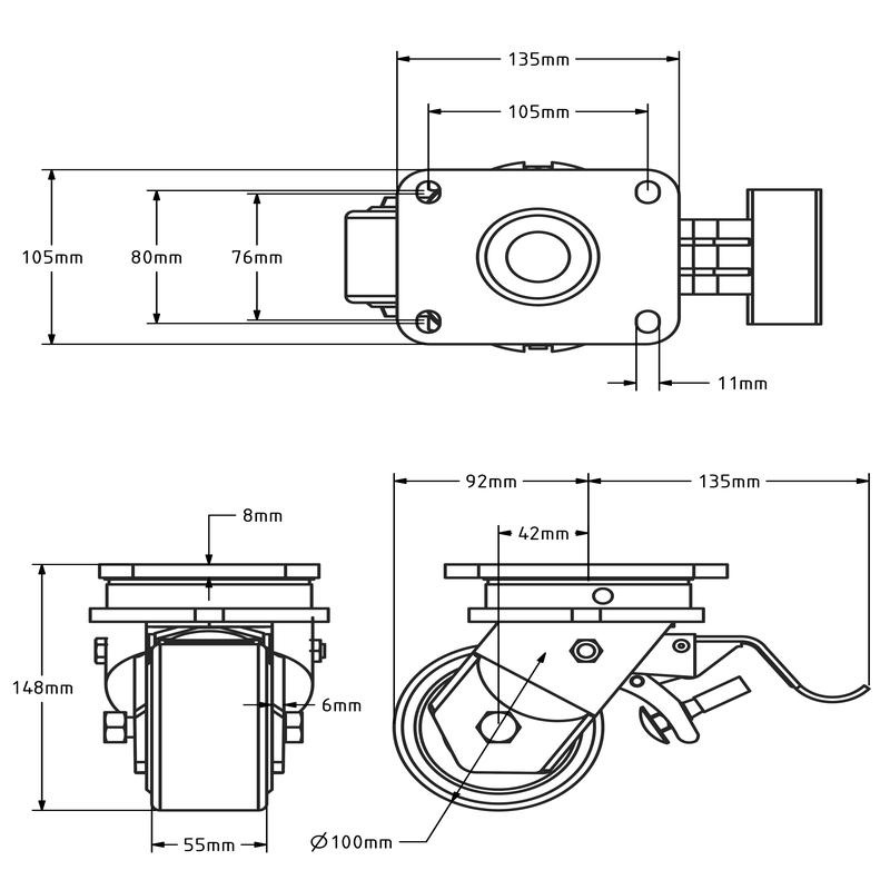 Gusspolyamid-Schwerlast-Lenkrolle mit Bremse 100 mm - 1500 kg