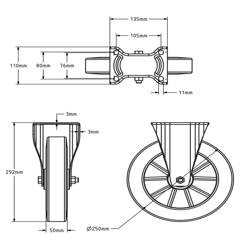 Elastische Gummi-Bockrolle 250 mm - Kugellager - 500 kg