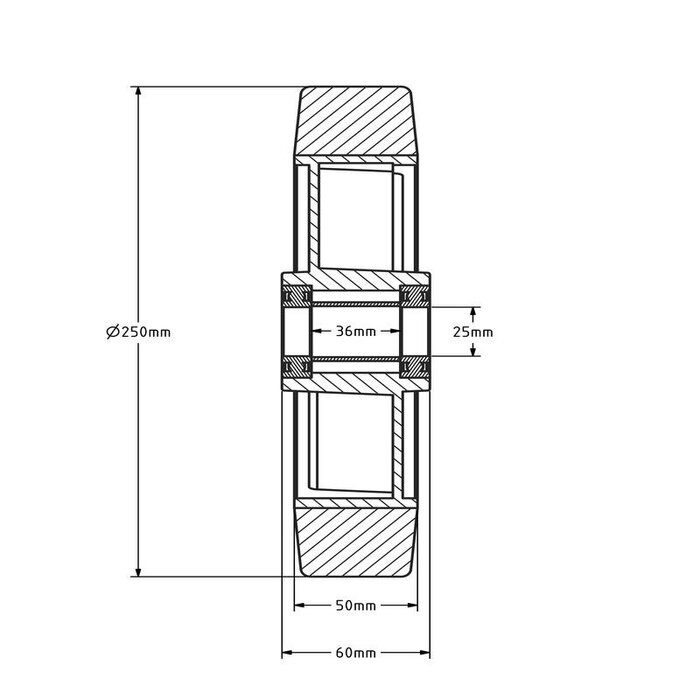 Gummirad 250 mm - Kugellagerbohrung 25 mm - 500 kg