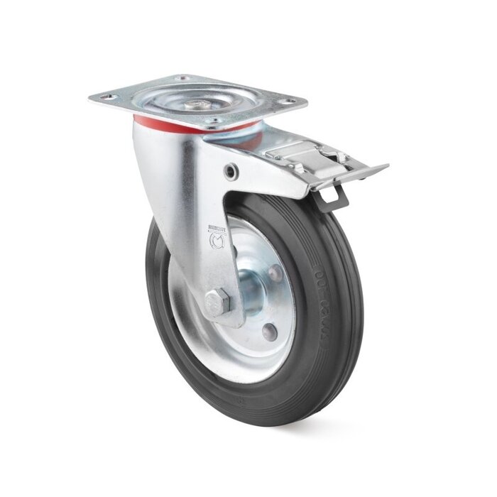 Vollgummi Lenkrolle mit Bremse 200 mm - Stahlfelge und -platte - 205 kg