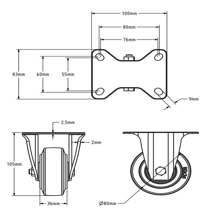 Bockrolle aus Edelstahl 80 - Elastik-Gummi - 110 kg