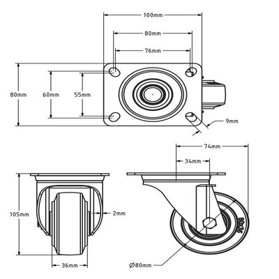 Edelstahl Lenkrolle 80 - Elastik-Gummi - 110 kg