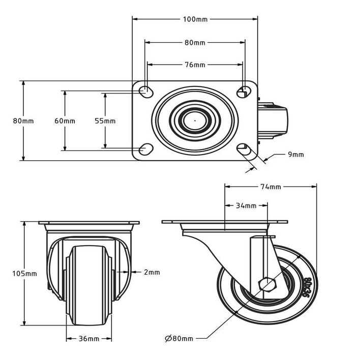 Edelstahl Lenkrolle 80 - Elastik-Gummi - 110 kg