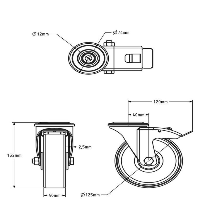 Lenkrollen mit Bremse aus Edelstahl 125 mm - Nylon - 200 kg