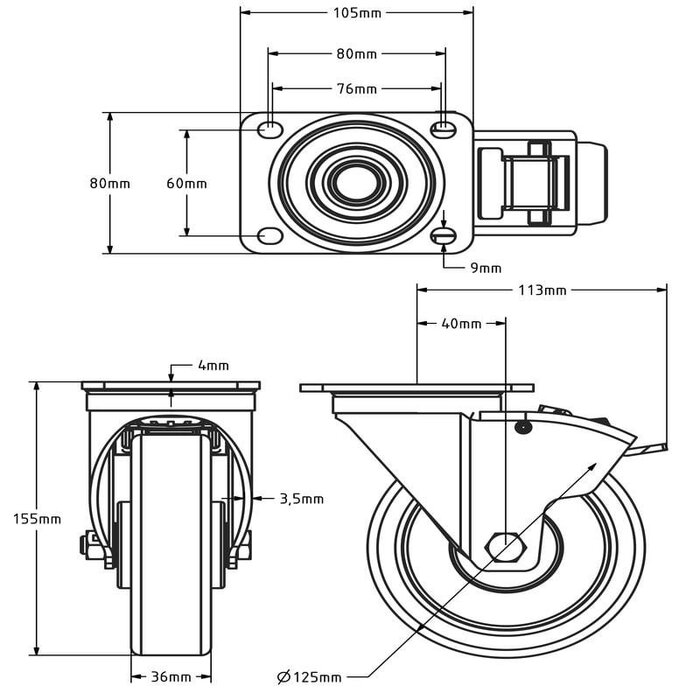 Gummilenkrolle mit Bremse 125 mm - Kugellager - 250 kg