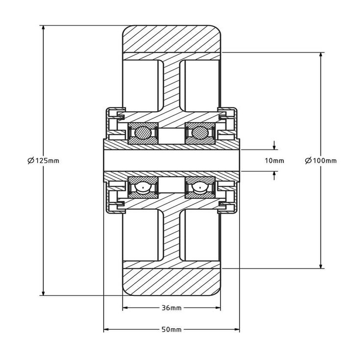 Gummirad 125 mm - Kugellagerbohrung 10 mm - 250 kg