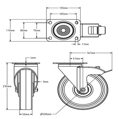 Edelstahl PU Lenkrolle mit Bremse 200 mm - Kugellager - 450 kg