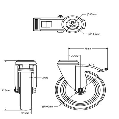 Schwarze Lenkrollen mit Bremse 100 mm - Bolzenloch - 80 kg