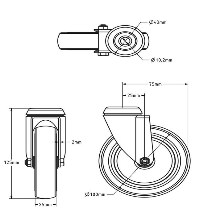 Schwarze Lenkrolle 100 mm - Bolzenloch - 80 kg