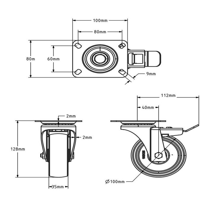 Hitzebeständige Lenkrollen mit Bremse aus Edelstahl 100 mm - 150 kg