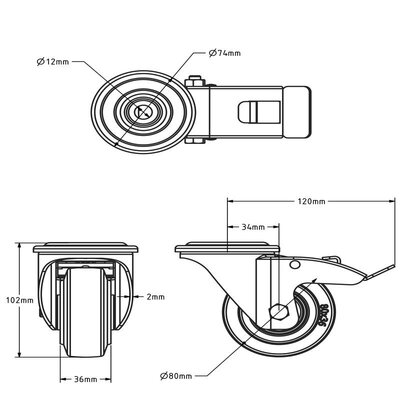Lenkrollen mit Bremse aus Edelstahl 80 - Elastik-Gummi - 110 kg